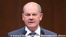 German Prime Minister Olaf Scholz gives a keynote speech during the Japan-Germany Business Dialogue in Chiyoda Ward, Tokyo on April 28, 2022.( The Yomiuri Shimbun via AP Images )