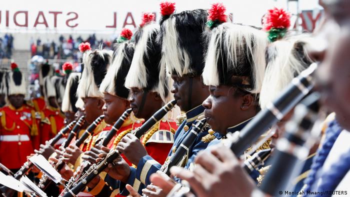 A marching band performs for the memorial service of late former Kenyan President Mwai Kibaki, at the Nyayo Stadium, the venue of the national memorial service, in Nairobi, Kenya, April 29, 2022. 