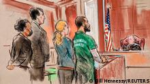 London-born Alexanda Kotey, a member of an Islamic State militant group nicknamed The Beatles, that operated in Syria and Iraq, attends his sentencing hearing where U.S. District Judge T.S. Ellis imposed a lifetime prison sentence on Kotey, who pleaded guilty to murdering U.S. journalists James Foley and Steven Sotloff and aid workers Kayla Mueller and Peter Kassig, in U.S. federal court in Alexandria, Virginia, U.S., April 29, 2022. REUTERS/Bill Hennessy NO RESALES. NO ARCHIVES. WASHINGTON POST OUT. WASHINGTON, D.C. OUT.
