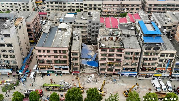 Aerial view of a collapsed building in Changsha, China