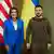 Nancy Pelosi e Volodimir Zelenski em frente às bandeiras dos EUA e da Ucrânia