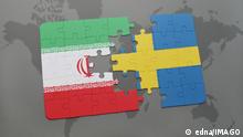 puzzle with the national flag of iran and sweden on a world map background. 3D illustration