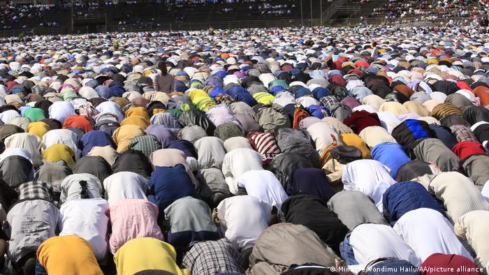 Muslims bow during Eid al-Fitr prayer at the Addis Ababa Stadium in Ethiopia