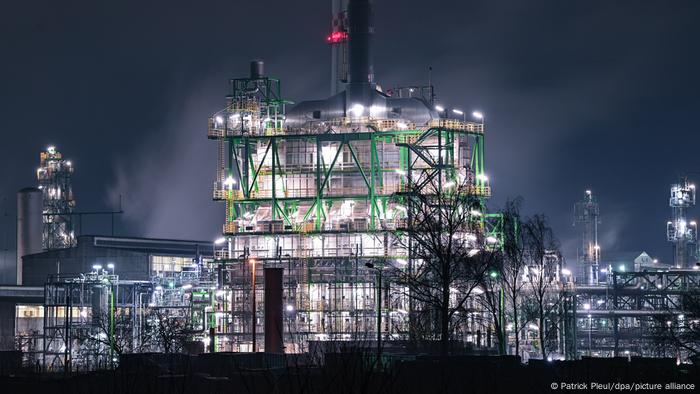 PCK Schwedt refinery in eastern Germany, seen at night