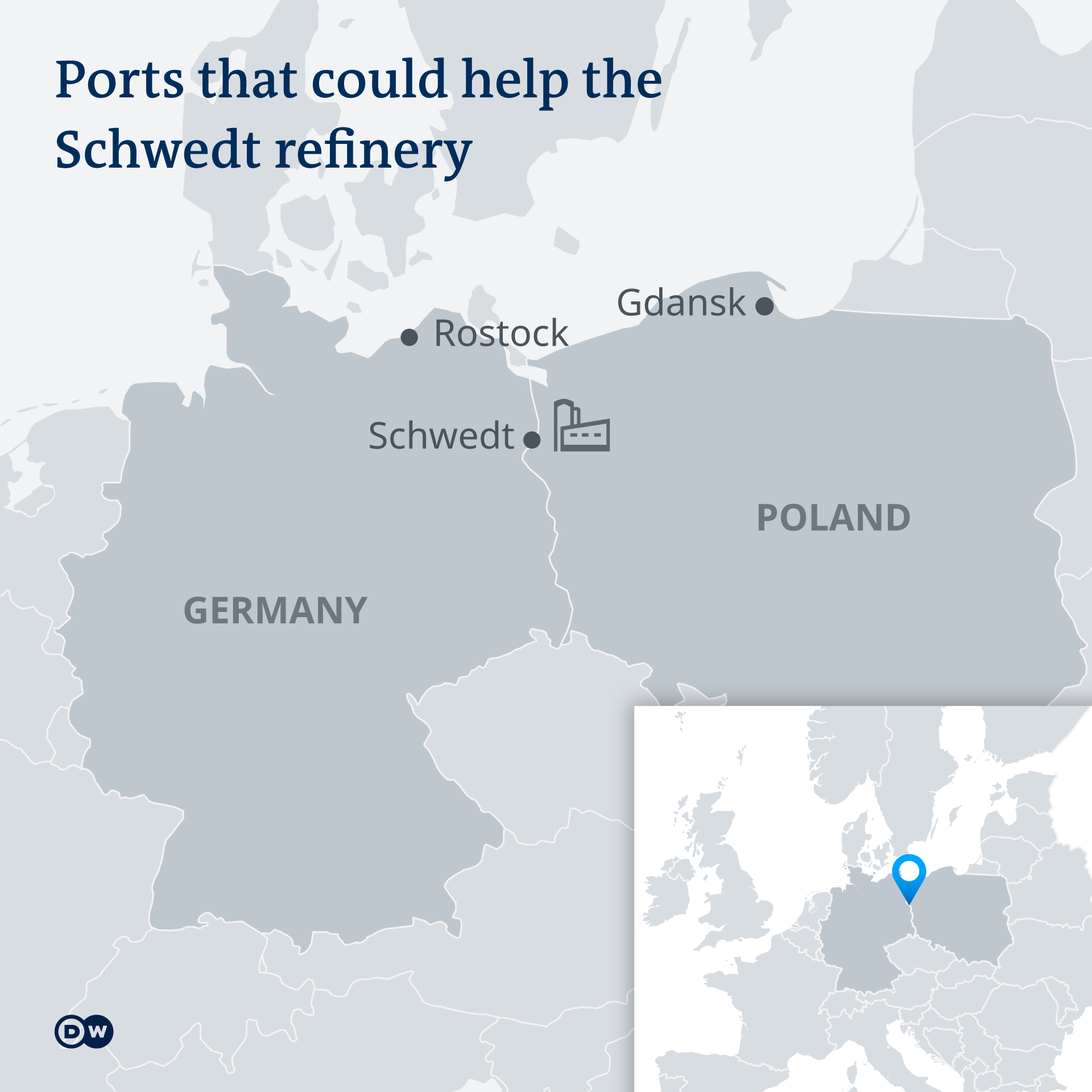 Map showing Rostock, Schwedt and Gdansk