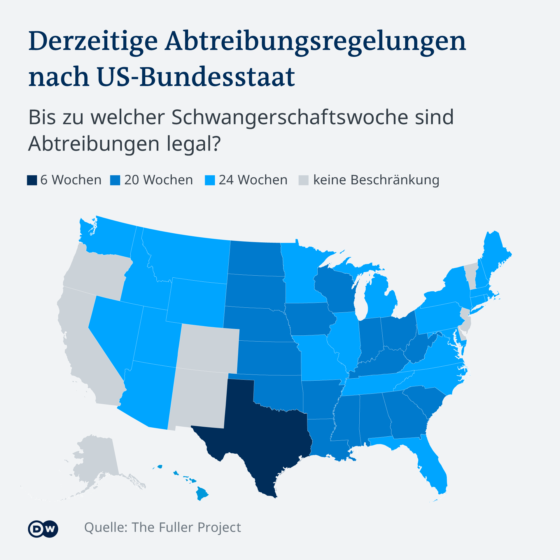 Infografika Mapa Aktualne przepisy dotyczące aborcji według stanu DE