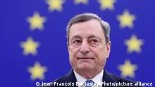 Italian Prime Minister Mario Draghi delivers his speech Tuesday, May 3, 2022 at the European Parliament in Strasbourg, eastern France. (AP Photo/Jean-Francois Badias)