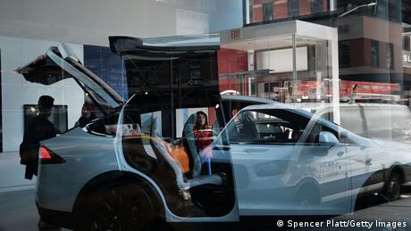 A Tesla car is on display at a showroom in New York City