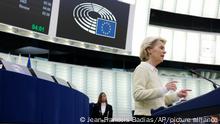 European Commission President Ursula von der Leyen delivers her speech during a debate on the social and economic consequences for the EU of the Russian war in Ukraine, Wednesday, May 4, 2022 at the European Parliament in Strasbourg, eastern France. The European Union's leader on Wednesday called on the 27-nation bloc to ban oil imports from Russia in a sixth package of sanctions targeting Moscow for its war in Ukraine. (AP Photo/Jean-Francois Badias)