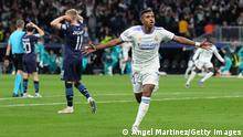 MADRID, SPAIN - MAY 04: Rodrygo of Real Madrid celebrates after scoring their sides second goal during the UEFA Champions League Semi Final Leg Two match between Real Madrid and Manchester City at Estadio Santiago Bernabeu on May 04, 2022 in Madrid, Spain. (Photo by Angel Martinez/Getty Images)