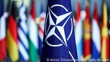 A photograph taken on February 16, 2022 shows the flag of the North Atlantic Treaty Organization (NATO) prior to the Meeting of NATO Ministers of Defence at the NATO Headquarter in Brussels. (Photo by Kenzo TRIBOUILLARD / AFP) (Photo by KENZO TRIBOUILLARD/AFP via Getty Images)