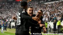 FRANKFURT AM MAIN, GERMANY - MAY 05: Rafael Santos Borre of Eintracht Frankfurt celebrates with team mates after scoring their sides first goal during the UEFA Europa League Semi Final Leg Two match between Eintracht Frankfurt and West Ham United at Deutsche Bank Park on May 05, 2022 in Frankfurt am Main, Germany. (Photo by Matthias Hangst/Getty Images)
