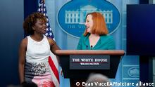 White House press secretary Jen Psaki introduces incoming press secretary Karine Jean-Pierre during a press briefing at the White House, Thursday, May 5, 2022, in Washington. (AP Photo/Evan Vucci)