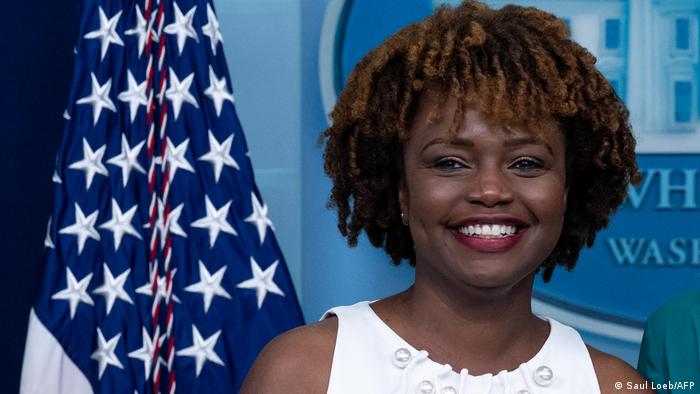 Karine Jean-Pierre smiles during a press briefing in the Brady Press Briefing Room of the White House