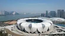 HANGZHOU, CHINA - DECEMBER 19, 2021 - An aerial view of the Olympic Sports Center, the main venue of the 2022 Asian Games, in Hangzhou, east China's Zhejiang Province, Feb 21, 2022. On May 6, 2022, the Director general of the Olympic Council of Asia (OCA) announced that the 19th Asian Games, originally scheduled to be held from September 10 to 25, 2022 in Hangzhou, China, will be postponed to a later date.