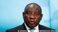 South Africa's President Cyril Ramaphosa speaks during a media conference at an EU Africa summit in Brussels, Friday, Feb. 18, 2022. European Union leaders on Thursday lauded the bloc's vaccine cooperation with Africa in the fight against the coronavirus, but there was no sign they would move toward a temporary lifting of intellectual property rights protection for COVID-19 shots. (Johanna Geron, Pool Photo via AP)