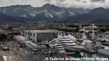 A view shows the multi-million-dollar mega yacht Scheherazade, docked at the Tuscan port of Marina di Carrara, Tuscany, on May 6, 2022. - The ownership of the multi-million-dollar mega yacht Scheherazade, docked on the Tuscan coast, is currently the source of speculation that it belongs to a Russian oligarch, or even perhaps President Vladimir Putin himself. (Photo by Federico SCOPPA / AFP) (Photo by FEDERICO SCOPPA/AFP via Getty Images)