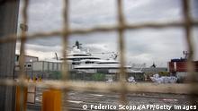 A view shows the multi-million-dollar mega yacht Scheherazade (Rear C), docked at the Tuscan port of Marina di Carrara, Tuscany, on May 6, 2022, after its basin was reflooded. - The ownership of the multi-million-dollar mega yacht Scheherazade, docked on the Tuscan coast, is currently the source of speculation that it belongs to a Russian oligarch, or even perhaps President Vladimir Putin himself. (Photo by Federico SCOPPA / AFP) (Photo by FEDERICO SCOPPA/AFP via Getty Images)