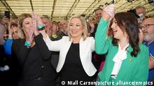 Northern Ireland Assembly elections. Sinn Fein Deputy Leader Michelle O'Neill reacts to her election in Mid Ulster at the Northern Ireland Assembly Election count centre at Meadowbank Sports arena in Magherafelt in Co County Londonderry. Picture date: Friday May 6, 2022. See PA story ULSTER Election . Photo credit should read: Niall Carson/PA Wire URN:66742806