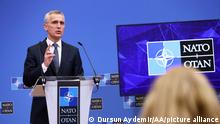 BRUSSELS, BELGIUM - APRIL 05: NATO Secretary General Jens Stoltenberg makes a statement to the journalists during a press conference before the NATO Foreign Ministers Meeting to be held on 6-7 April in Brussels, Belgium on April 05, 2022. Dursun Aydemir / Anadolu Agency