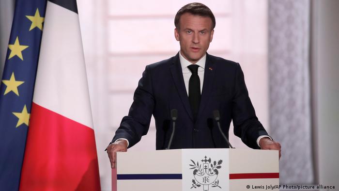 French President Emmanuel Macron speaks during his second term inauguration address