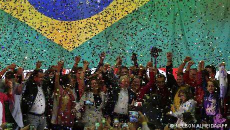 Former Brazilian President Luiz Inacio Lula da Silva celebrates the launch of his campaign for Brazil's October presidential election in Sao Paulo