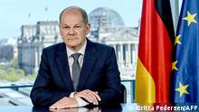 Embargoed until May 8, 2022 - 16:00 GMT / German Chancellor Olaf Scholz makes a televised speech on May 8, 2022, the 77th anniversary of the 1945 victory against Nazi Germany. (Photo by Britta Pedersen / POOL / AFP)