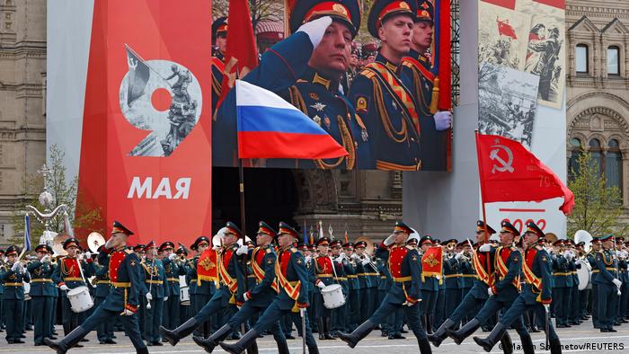 Russian service members take part in a military parade on Victory Day, which marks the 77th anniversary of the victory over Nazi Germany in World War Two, in Red Square