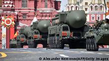 Russian Yars intercontinental ballistic missile launchers parade through Red Square during the Victory Day military parade in central Moscow on May 9, 2022. - Russia celebrates the 77th anniversary of the victory over Nazi Germany during World War II. (Photo by Alexander NEMENOV / AFP) (Photo by ALEXANDER NEMENOV/AFP via Getty Images)