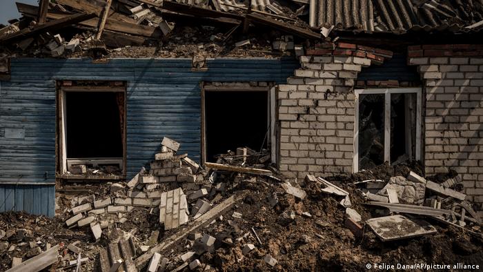 A destroyed house is seen in Malaya Rohan, a village retaken by Ukrainian forces on the outskirts of Kharkiv