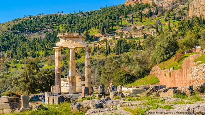 The remains of the Sanctuary of Athena Pronaia at Delphi, Greece