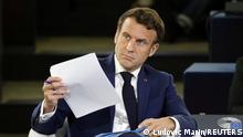 French President Emmanuel Macron listens to a speech during the closing session of the Conference on the Future of Europe and the release of its report with proposals for reform, in Strasbourg, France May 9, 2022. Ludovic Marin/Pool via REUTERS