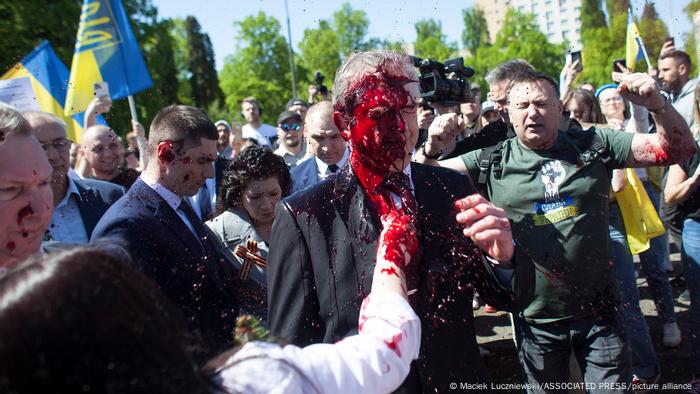 Russian Ambassador to Poland, Ambassador Sergey Andreev is covered with red paint in Warsaw, Poland