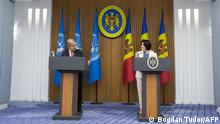 Moldovan Prime Minister Natalia Gavrilita and UN Secretary-General Antonio Guterres hold a joint press conference following their talks in Chisinau on May 9, 2022. (Photo by Bogdan TUDOR / AFP)