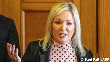 Northern Ireland Deputy First Minister and Irish republican Sinn Fein party Northern Leader Michelle O'Neill speaks during a press conference at the Parliament buildings, in Stormont, on May 9, 2022. - UK Northern Ireland Secretary Brandon Lewis called on all parties in the province to form a new power-sharing government in Belfast, after historic elections and despite unresolved Brexit disputes. All five main political parties were due to meet Lewis, on May 9, 2022 for talks at the devolved legislature in Belfast, on their first day back in the job since Sinn Fein won May 5 vote. (Photo by PAUL FAITH / AFP)