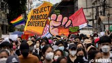 Students and activists march outside the Commission on Elections to protest its unofficial tally of the national elections, showing presidential candidate Ferdinand Bongbong Marcos Jr. on course to win the presidency, in Manila, Philippines, May 10, 2022.REUTERS/Eloisa Lopez
