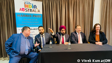 Australian Liberal Party politician and Minister for Immigration, Citizenship, Migrant Services and Multicultural Affairs Alex Hawke with Liberal party's Parramatta candidate Maria Kovacic and Australian business leaders of Indian origin, at Harris Park in Sydney.