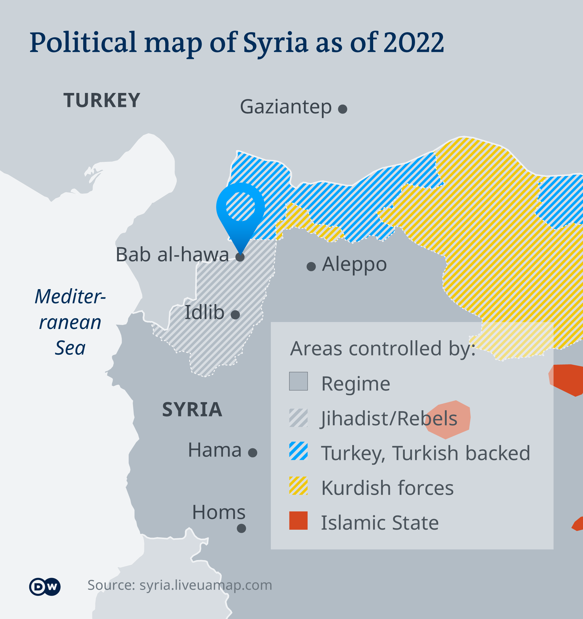 A political map of Syria as of 2022