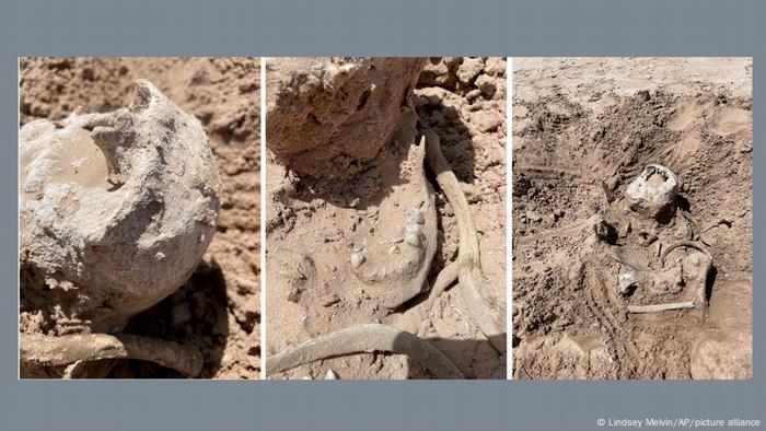 Restos humanos descubiertos en un banco de arena que ha salido a la superficie recientemente al retroceder el lago Mead. Una mirada más atenta reveló una mandíbula humana con dientes.