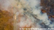 DIESES FOTO WIRD VON DER RUSSISCHEN STAATSAGENTUR TASS ZUR VERFÜGUNG GESTELLT. [PRIMORYE TERRITORY, RUSSIA - APRIL 29, 2022: An aerial view of a wildfire in the Razdolnaya River valley on the border of Khasansky District and Nadezhdinsky District of the Primorye Territory in the Russian Far East. Since 22 April, a special fire safety regime has been in effect throughout the Primorye Territory. Since the start of 2022, 610 forest and wildfires covering an area of 63,500 hectares have been reported in the Primorye Territory. Yuri Smityuk/TASS]