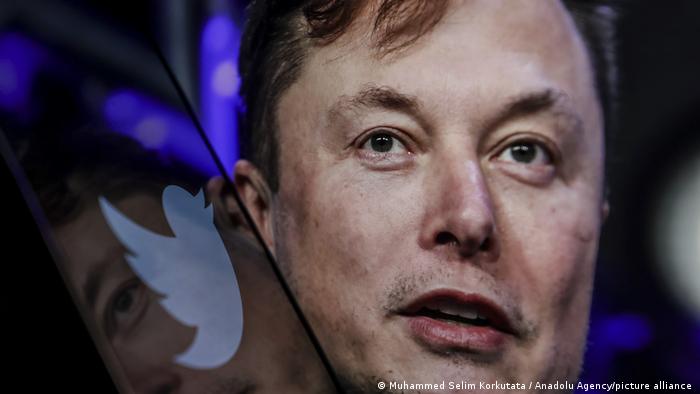 Предприниматель и миллиардер Илон Маск рядом с логотипом Twitter