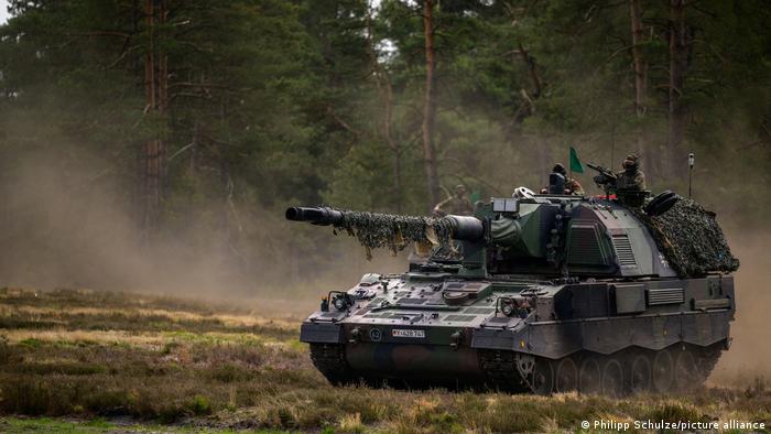 A self-propelled howitzer, Panzerhaubitze 200, taking part in exercises in northern Germany