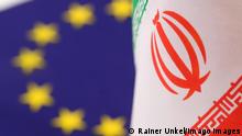 Die Fahnen / Flaggen von Europaeische Union / EU und Iran , 22.03.2021 The flags of European Union / EU and Iran , 22.03.2021 *** The flags of European Union EU and Iran , 22 03 2021 The flags of European Union EU and Iran , 22 03 2021 