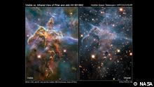 Comparison views of mystic mountain
Description: Comparison of a Pillar of star creation viewed in visible light (left) and in near infrared light (right).
