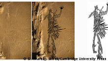 Anthropomorph in regalia, with a rayed circle in the midsection (0.93m tall) from 19th Unnamed Cave, Alabama (photograph by S. Alvarez; illustration by J. Simek).
Simek, J., Alvarez, S., & Cressler, A. (2022). Discovering ancient cave art using 3D photogrammetry: Pre-contact Native American mud glyphs from 19th Unnamed Cave, Alabama. Antiquity, 1-17. © The Author(s), 2022. Published by Cambridge University Press on behalf of Antiquity Publications Ltd.