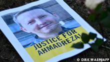 A photo taken on February 13, 2017 shows a flyer during a protest outside the Iranian embassy in Brussels for Ahmadreza Djalali, an Iranian academic detained in Tehran for nearly a year and reportedly sentenced to death for espionage. - Djalali is an Iranian researcher working for the CRIMEDIM Disaster and Emergency Medicine program in which VUB (Vrije Universiteit Brussel) participates, he was arrested on April 25, 2016 when in the Iranian capital for a conference, according to Italian media. (Photo by DIRK WAEM / Belga / AFP) / Belgium OUT