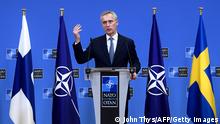 NATO Secretary General Jens Stoltenberg talks speaks during a joint press with Sweden and Finland's Foreign ministers after their meeting at the Nato headquarters in Brussels on January 24, 2022. (Photo by JOHN THYS / AFP) (Photo by JOHN THYS/AFP via Getty Images)
