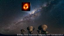 This image shows the Atacama Large Millimeter/submillimeter Array (ALMA) looking up at the Milky Way as well as the location of Sagittarius A*, the supermassive black hole at our galactic centre. Highlighted in the box is the image of Sagittarius A* taken by the Event Horizon Telescope (EHT) Collaboration. Located in the Atacama Desert in Chile, ALMA is the most sensitive of all the observatories in the EHT array, and ESO is a co-owner of ALMA on behalf of its European Member States.
