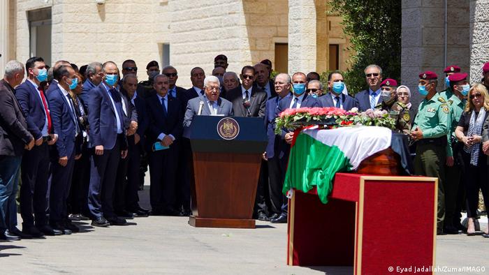 Palestinian Authority President Mahmoud Abbas delivers a speech at the memorial service for Sherine Abu Akleh