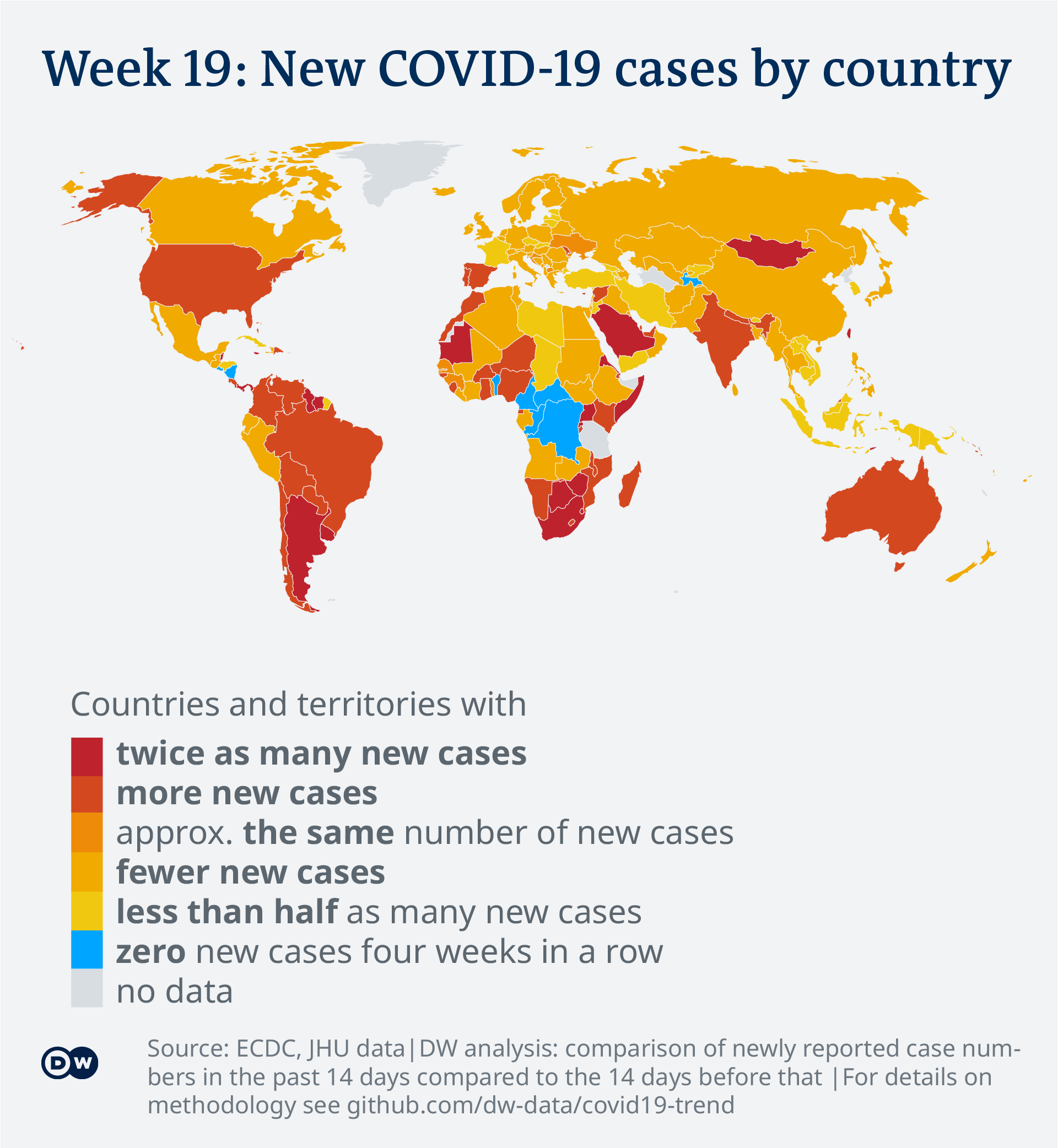 Data visualization: COVID-19 global new case numbers trend - map calendar week 19, 2022